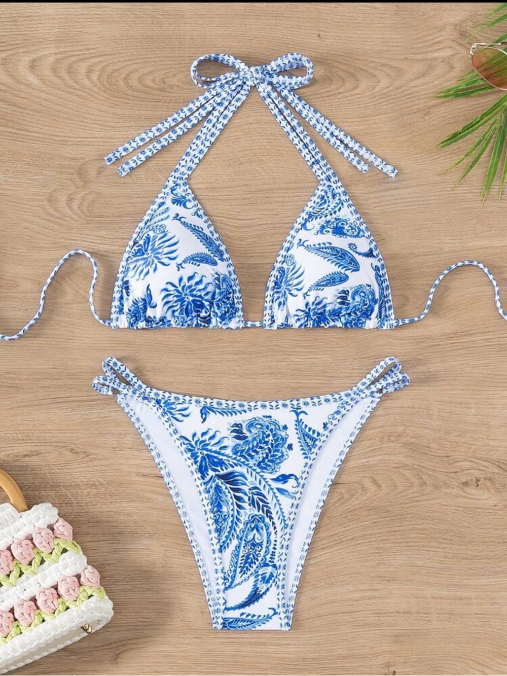 SHEIN White Bikini with Blue Floral Paisley Print